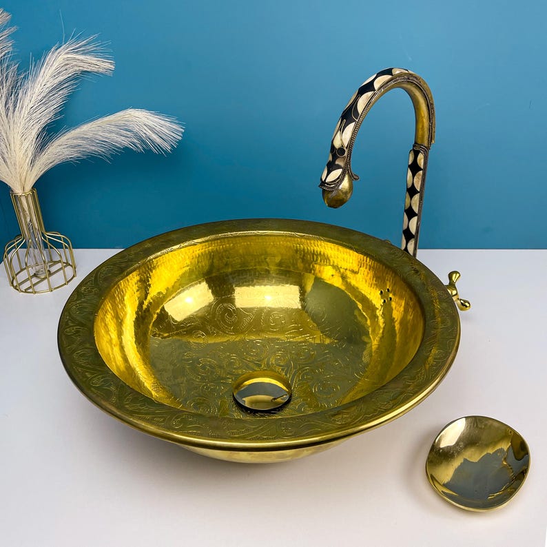Drop-in Hammered Vessel Unlacquered Brass Bathroom Sink