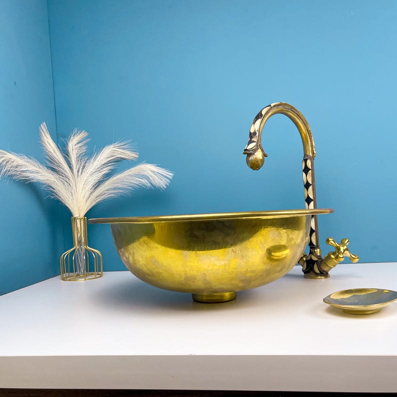 Drop-in Hammered Vessel Unlacquered Brass Bathroom Sink
