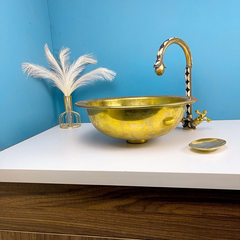 Drop-in Hammered Vessel Unlacquered Brass Bathroom Sink