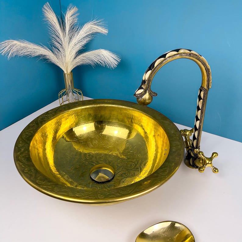 Drop-in Hammered Vessel Unlacquered Brass Bathroom Sink