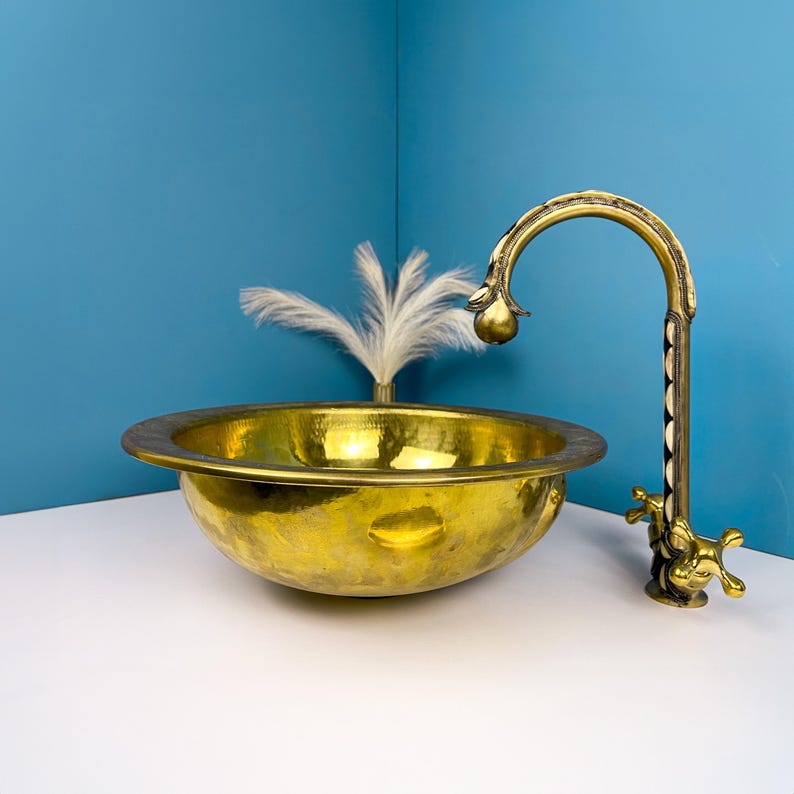 Drop-in Hammered Vessel Unlacquered Brass Bathroom Sink