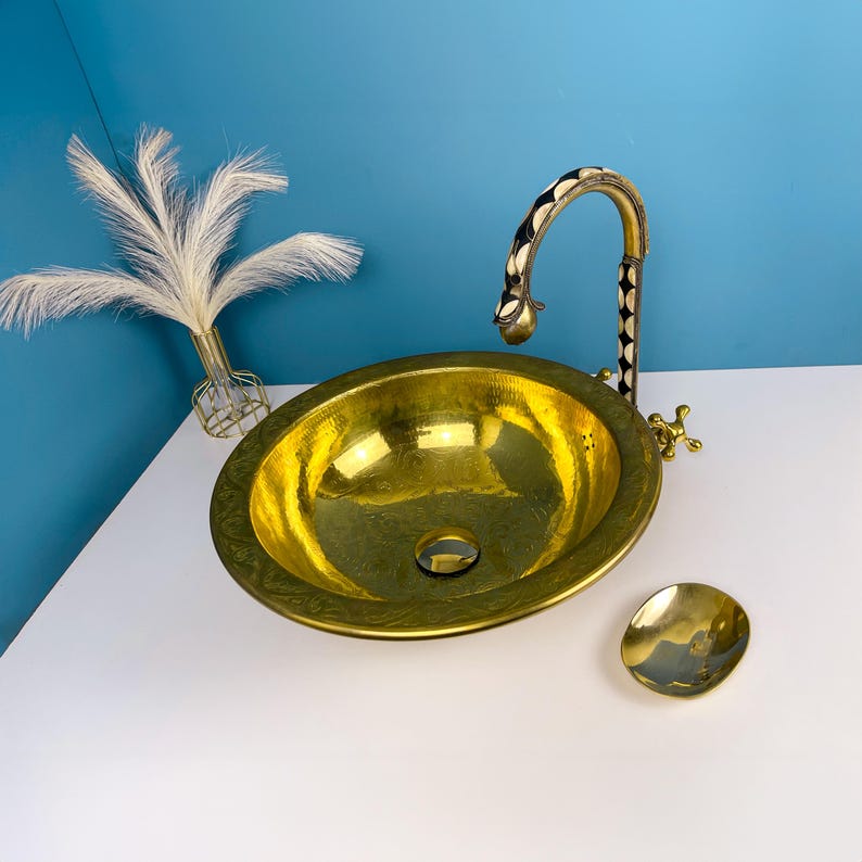 Drop-in Hammered Vessel Unlacquered Brass Bathroom Sink