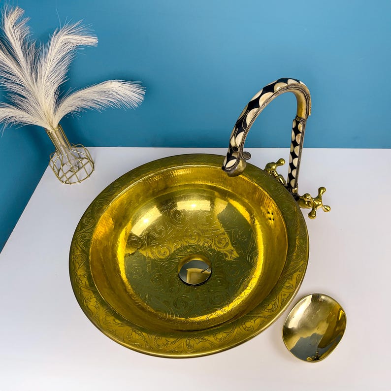 Drop-in Hammered Vessel Unlacquered Brass Bathroom Sink
