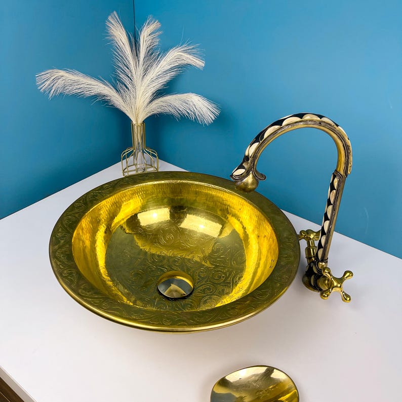 Drop-in Hammered Vessel Unlacquered Brass Bathroom Sink
