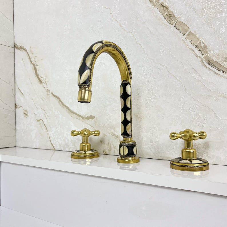 Handmade Brass Widespread Faucet with Bone and Black Resin