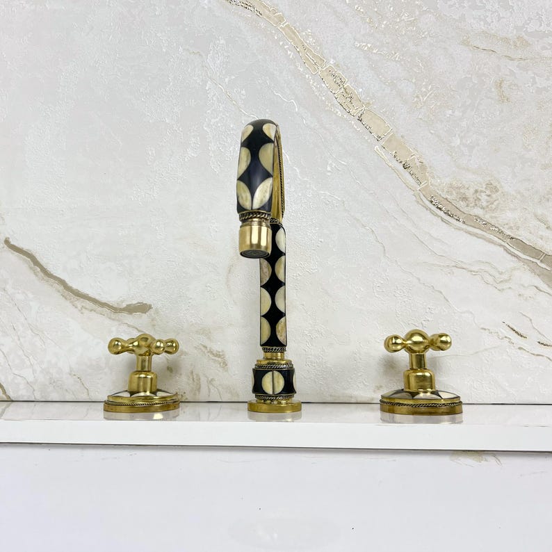 Handmade Brass Widespread Faucet with Bone and Black Resin