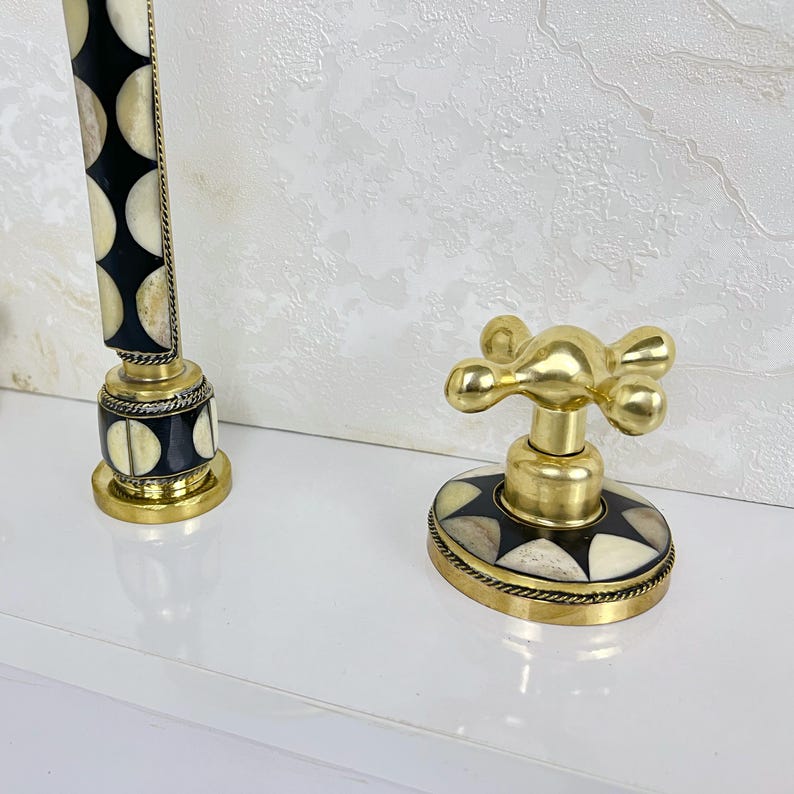Handmade Brass Widespread Faucet with Bone and Black Resin