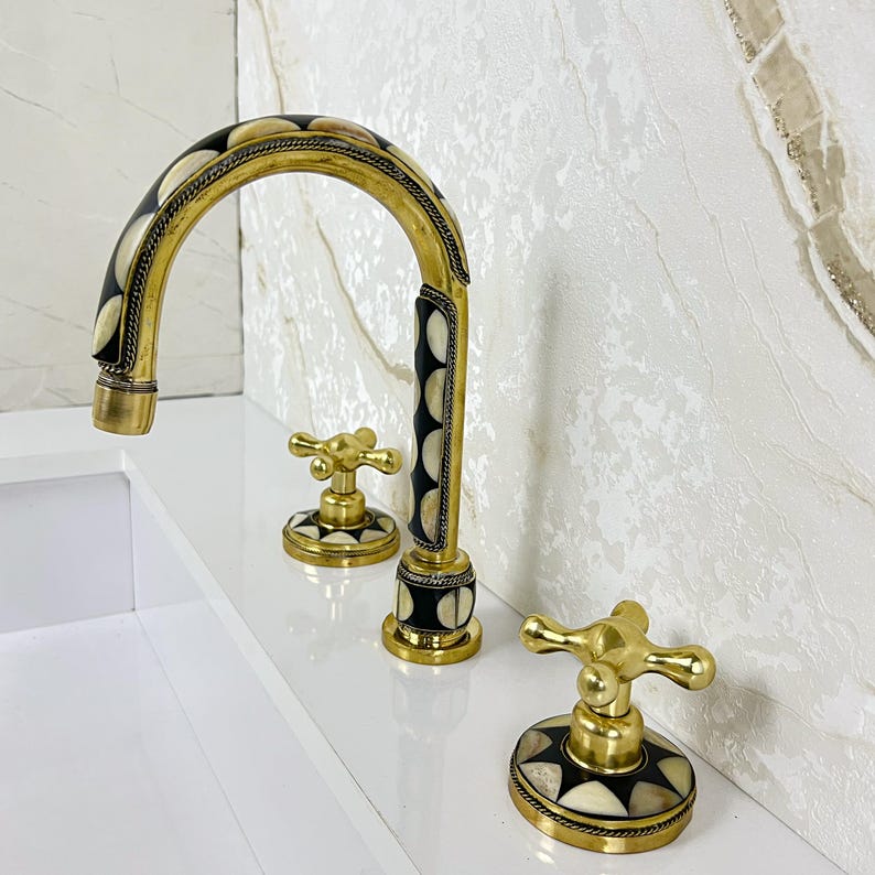 Handmade Brass Widespread Faucet with Bone and Black Resin