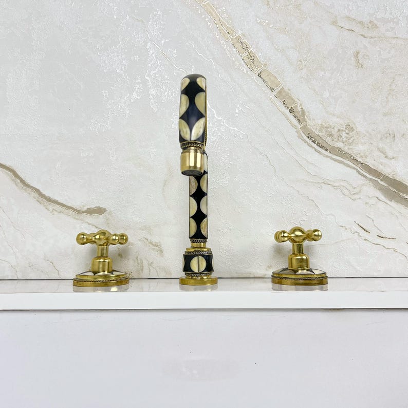 Handmade Brass Widespread Faucet with Bone and Black Resin