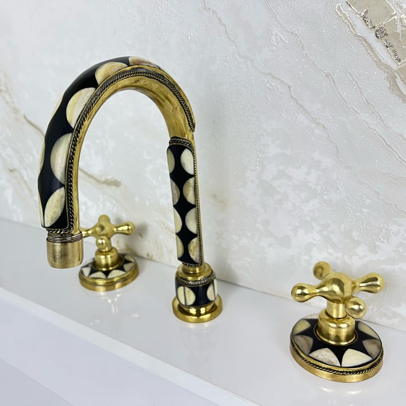 Handmade Brass Widespread Faucet with Bone and Black Resin