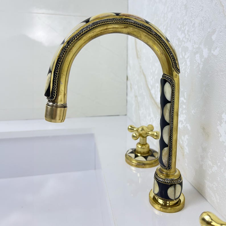Handmade Brass Widespread Faucet with Bone and Black Resin