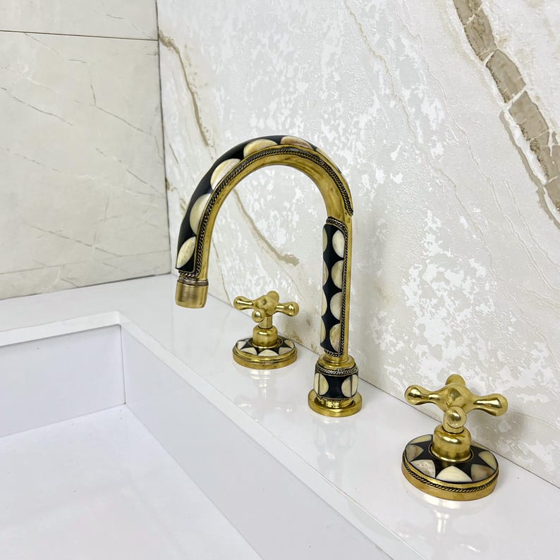 Handmade Brass Widespread Faucet with Bone and Black Resin