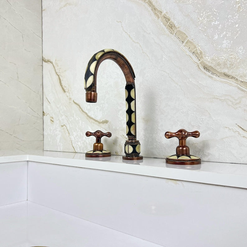 Handmade Copper Widespread Faucet with Bone and Black Resin