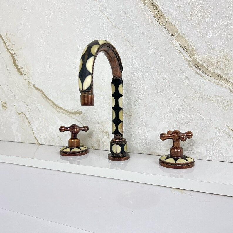 Handmade Copper Widespread Faucet with Bone and Black Resin