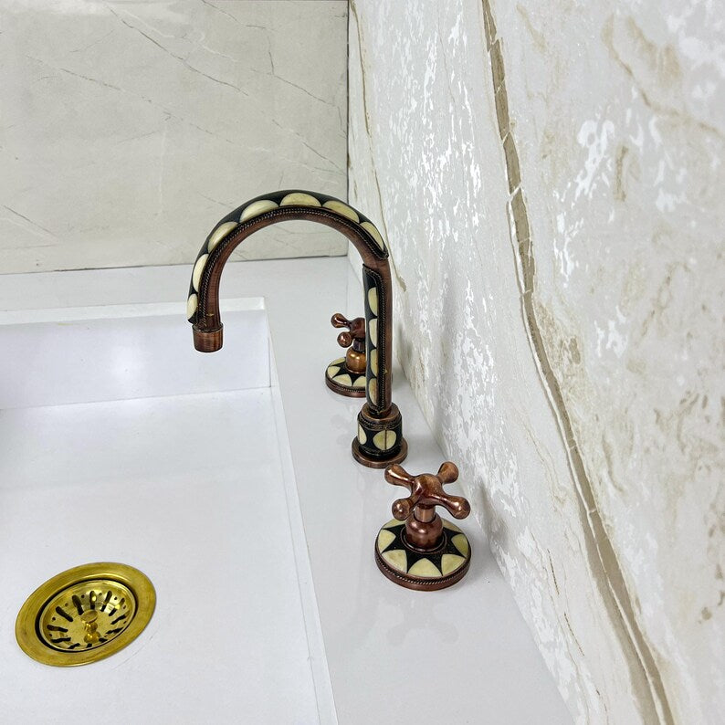 Handmade Copper Widespread Faucet with Bone and Black Resin