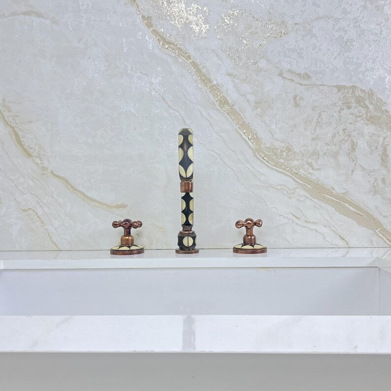 Handmade Copper Widespread Faucet with Bone and Black Resin