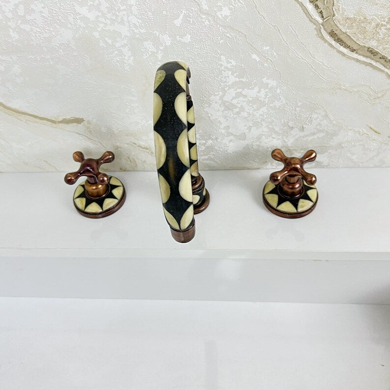 Handmade Copper Widespread Faucet with Bone and Black Resin