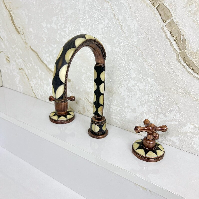 Handmade Copper Widespread Faucet with Bone and Black Resin