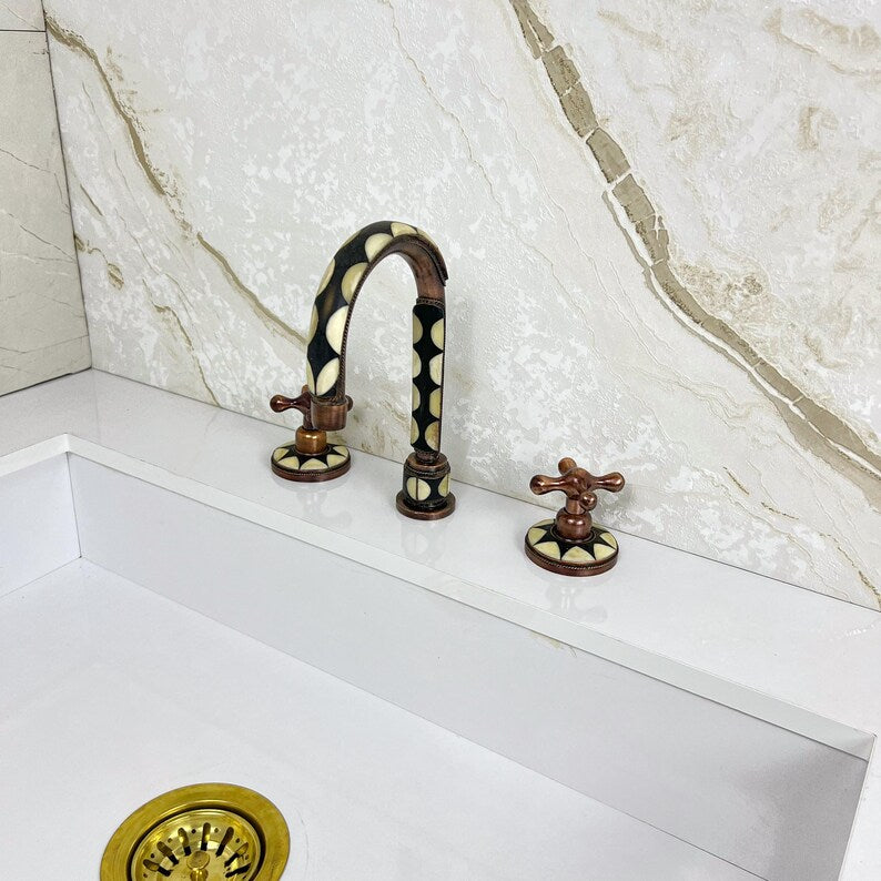 Handmade Copper Widespread Faucet with Bone and Black Resin