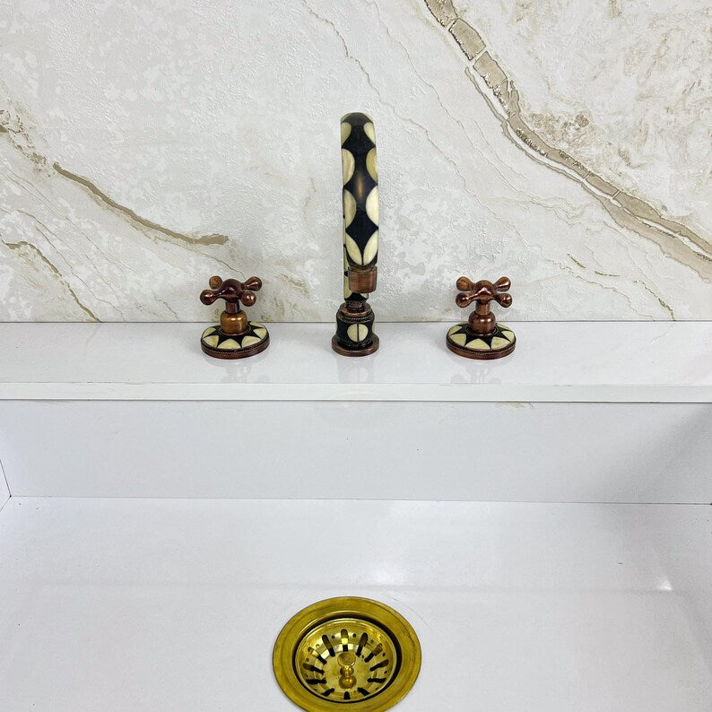 Handmade Copper Widespread Faucet with Bone and Black Resin