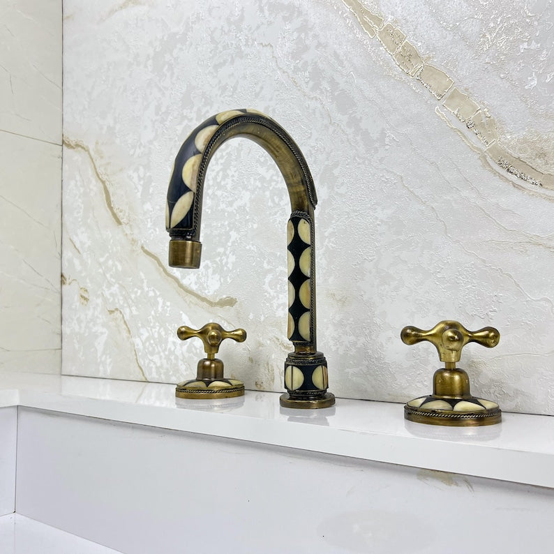 Antique Unlacquered brass bathroom 3 Hole Faucet with resin and bone