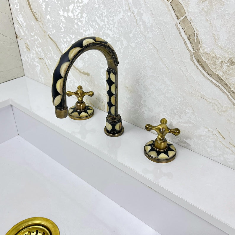 Antique Unlacquered brass bathroom 3 Hole Faucet with resin and bone
