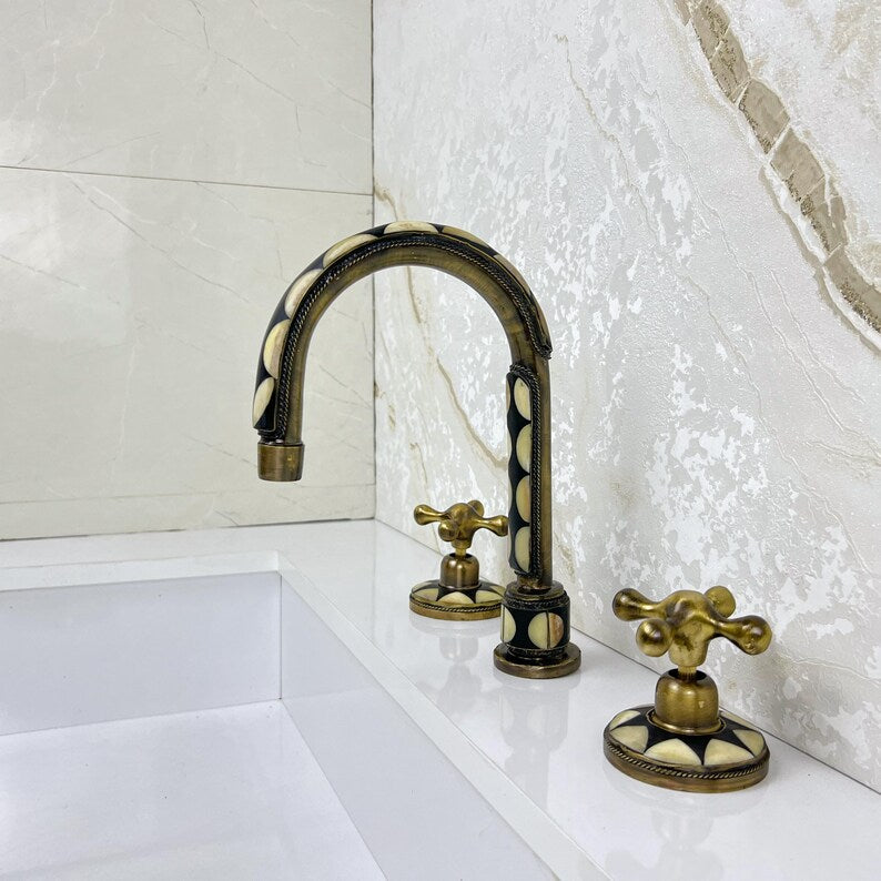 Antique Unlacquered brass bathroom 3 Hole Faucet with resin and bone