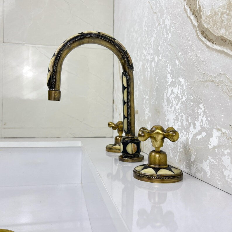 Antique Unlacquered brass bathroom 3 Hole Faucet with resin and bone