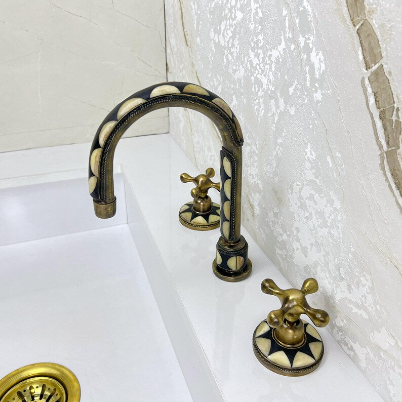 Antique Unlacquered brass bathroom 3 Hole Faucet with resin and bone