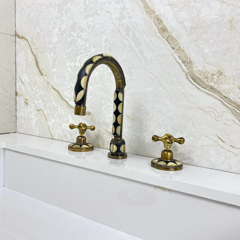 Antique Unlacquered brass bathroom 3 Hole Faucet with resin and bone