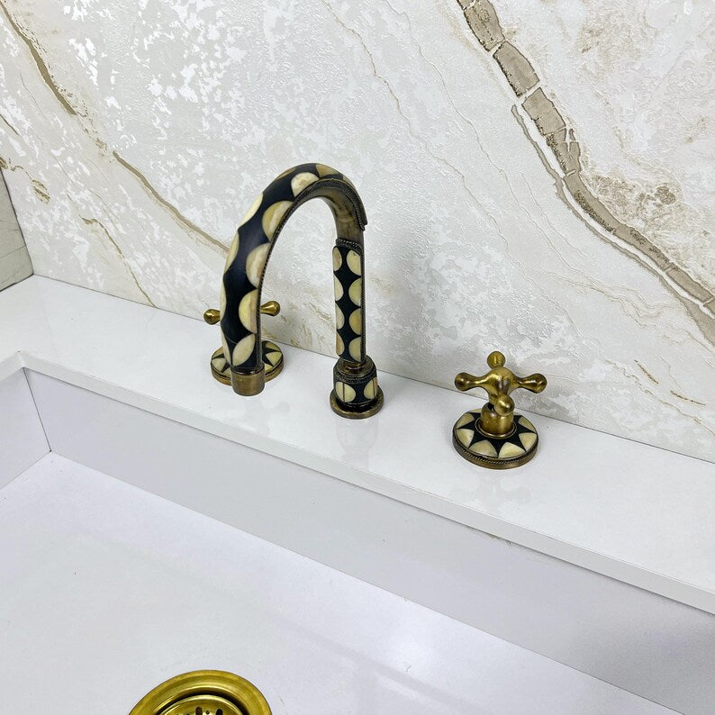 Antique Unlacquered brass bathroom 3 Hole Faucet with resin and bone