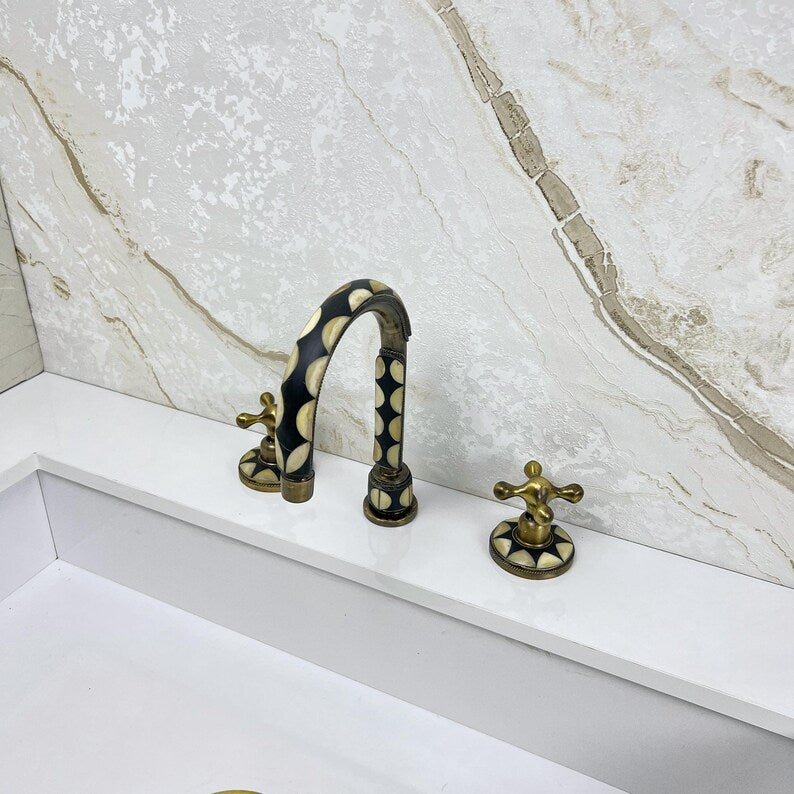 Antique Unlacquered brass bathroom 3 Hole Faucet with resin and bone