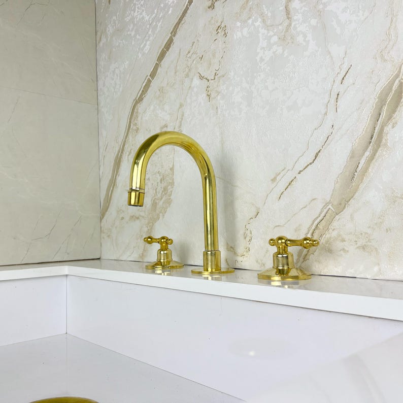 Widespread Bathroom Brass Faucet Sink, Unlacquered Brass Deck Mounted Faucet.