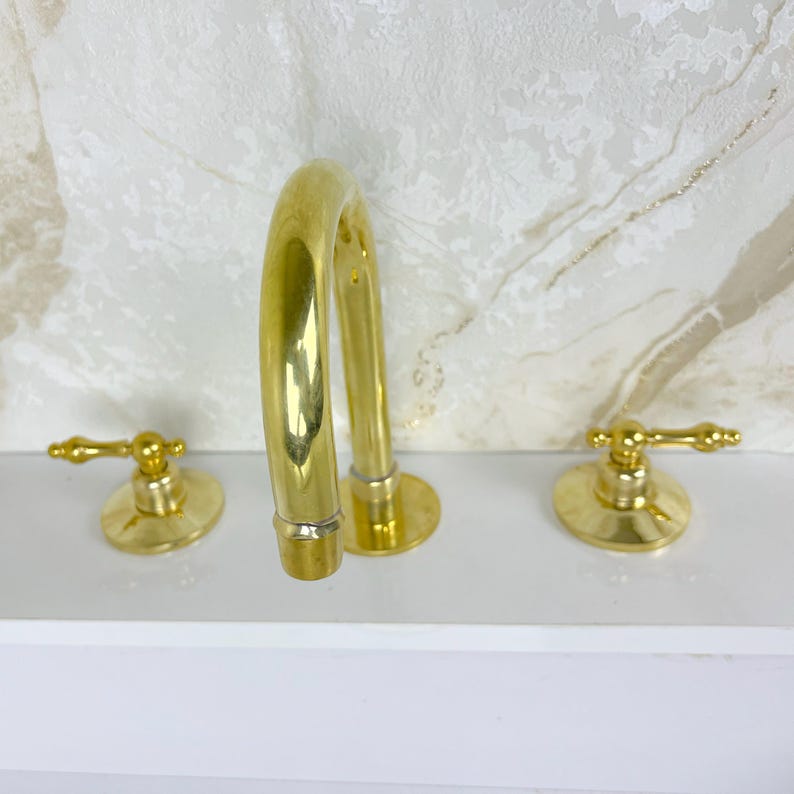 Widespread Bathroom Brass Faucet Sink, Unlacquered Brass Deck Mounted Faucet.