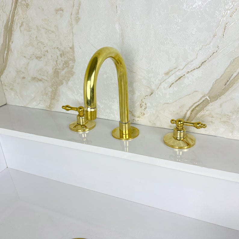 Widespread Bathroom Brass Faucet Sink, Unlacquered Brass Deck Mounted Faucet.