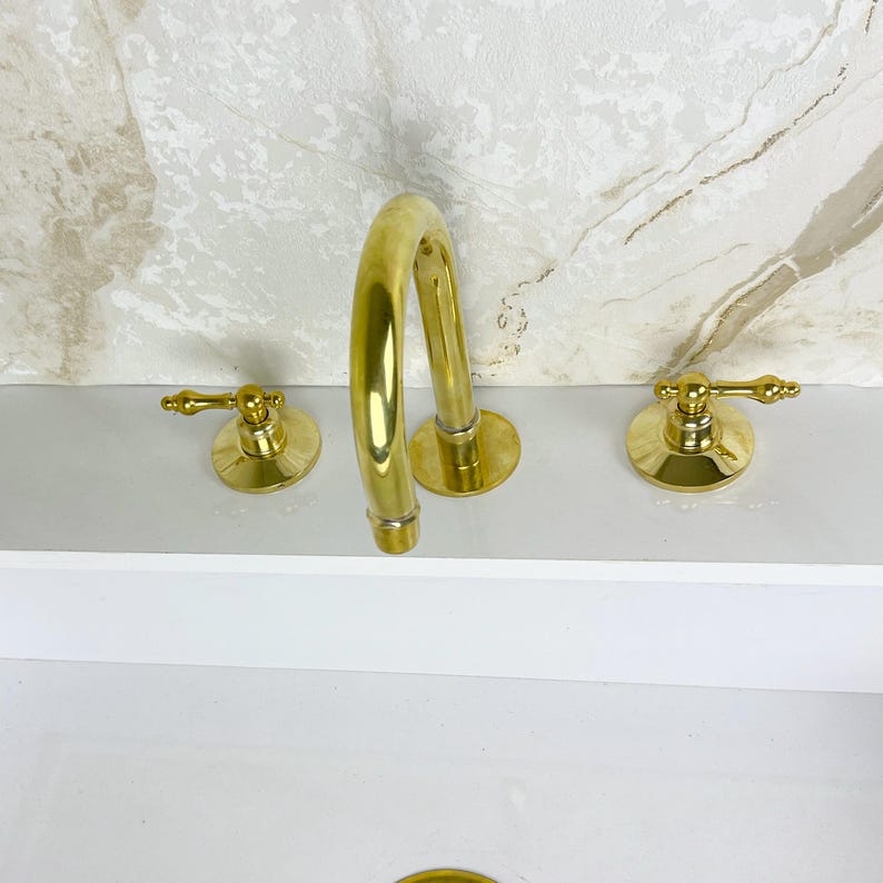 Widespread Bathroom Brass Faucet Sink, Unlacquered Brass Deck Mounted Faucet.