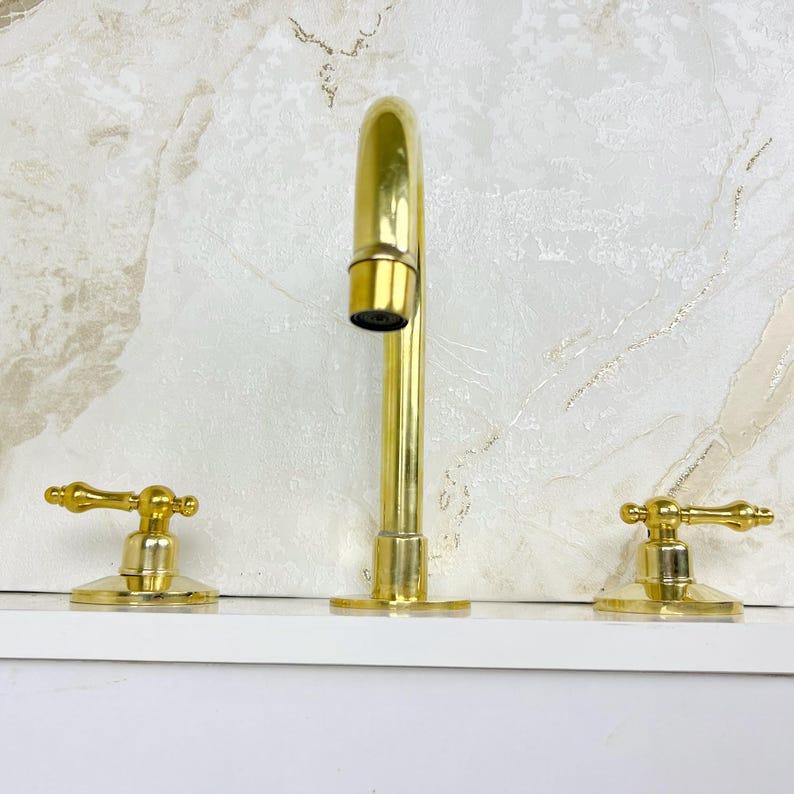 Widespread Bathroom Brass Faucet Sink, Unlacquered Brass Deck Mounted Faucet.