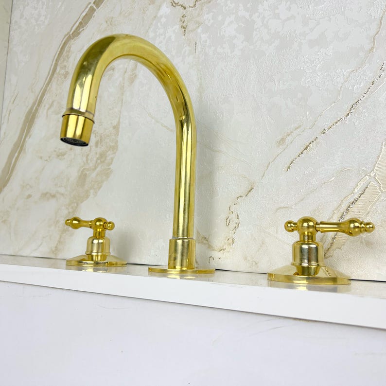 Widespread Bathroom Brass Faucet Sink, Unlacquered Brass Deck Mounted Faucet.