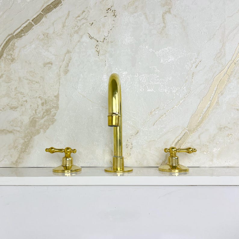 Widespread Bathroom Brass Faucet Sink, Unlacquered Brass Deck Mounted Faucet.