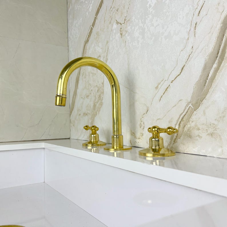 Widespread Bathroom Brass Faucet Sink, Unlacquered Brass Deck Mounted Faucet.