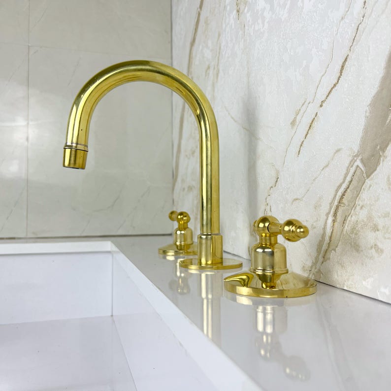 Widespread Bathroom Brass Faucet Sink, Unlacquered Brass Deck Mounted Faucet.