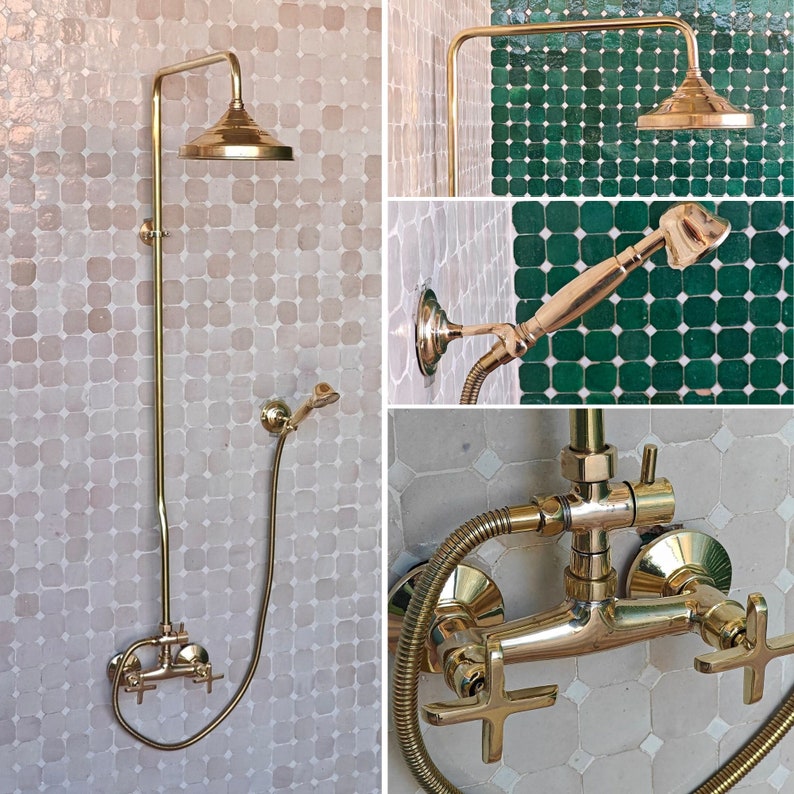 Unlacquered Brass Shower System, Raw Brass Rain Shower & Hand Sprayer
