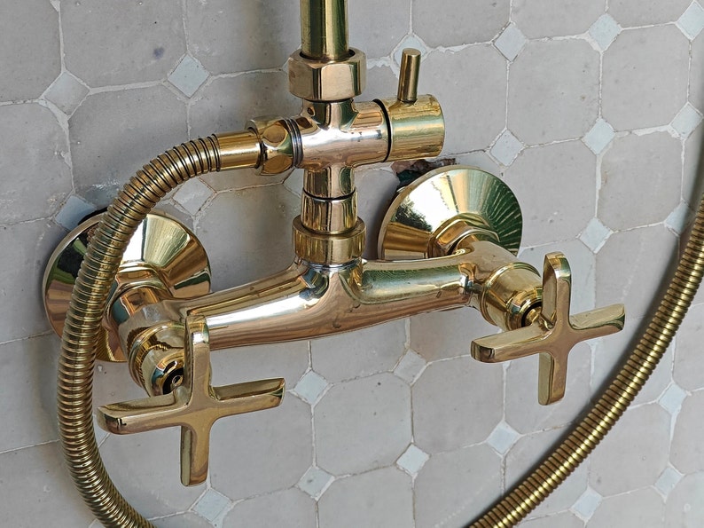 Unlacquered Brass Shower System, Raw Brass Rain Shower & Hand Sprayer