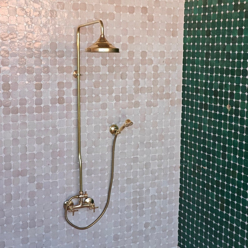 Unlacquered Brass Shower System, Raw Brass Rain Shower & Hand Sprayer