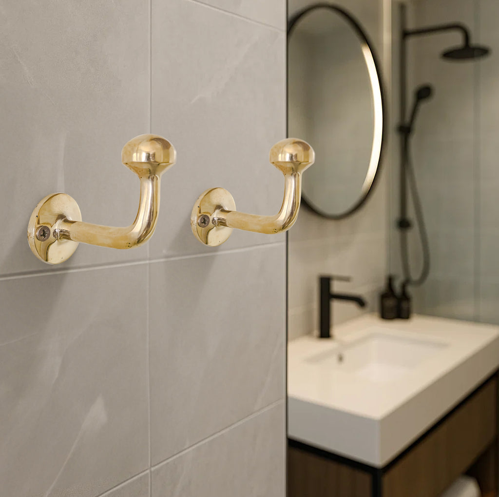 Set of 2 Unlacquered Brass Wall Hooks - Handmade Brass Hooks for Clothes - Handracfted Brass Bathroom Hooks