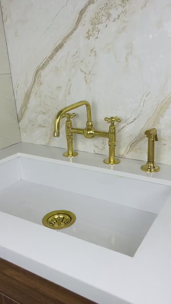 Handcrafted Brass Kitchen Faucet double handles Deck Mount with Brass Sprayer, Unlacquered Solid Brass Kitchen Mixer, Bridge Faucet.