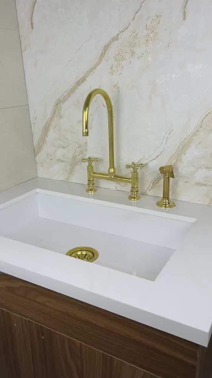Bridge Faucet from Solid Brass with Unlacquered Finish, Handcrafted Brass Kitchen Faucet double handles Deck Mount with Brass Sprayer